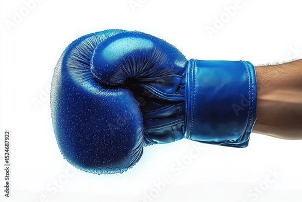 Obraz Close-up of a hand wearing a shiny blue boxing glove covered in droplets against a bright white background