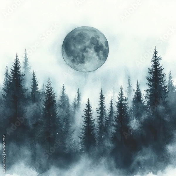 Obraz Misty forest scene with tall evergreen trees silhouetted under a large full moon in a foggy night atmosphere, evoking calm and mystery