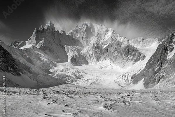 Obraz Majestic snow-covered mountain range with rugged peaks under dramatic cloudy sky in black and white