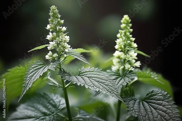 Obraz Close-up of green nettle plants with sharp serrated leaves and clusters of small white flowers in a natural outdoor setting