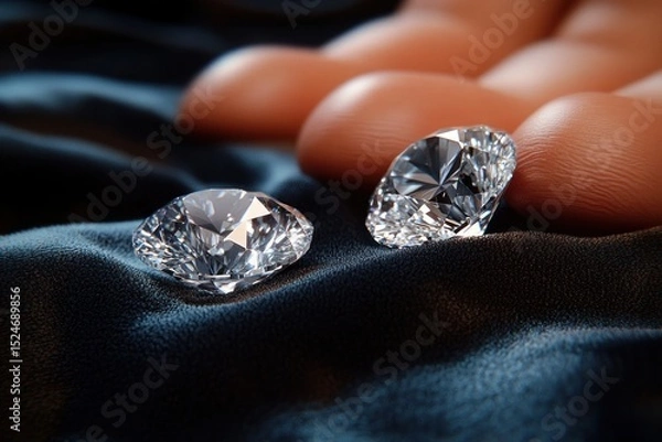 Fototapeta Two sparkling round-cut diamonds resting on dark fabric near fingers, showcasing intricate facets and brilliance with a soft focused background