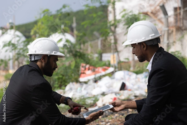 Fototapeta Two businessman or management team audit environment and rubbish around factory, Industrial and environment. NGO staff audit environment issue from industrial estate