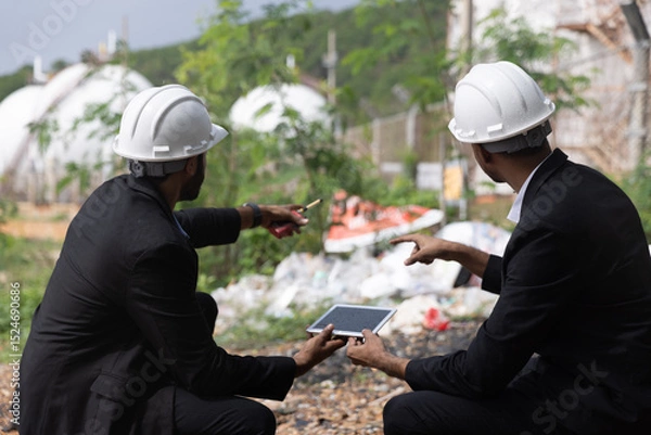 Fototapeta Sustainable Factory Planning ,Two businessman or management team audit environment and rubbish around factory, Industrial and environment. NGO staff audit environment issue from industrial estate