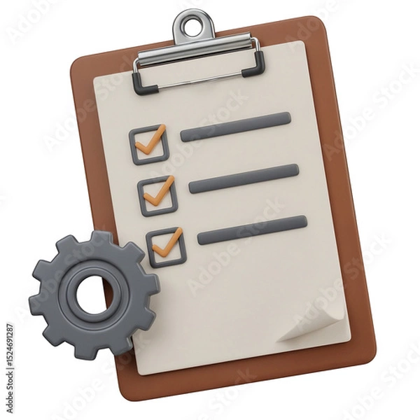 Fototapeta Clipboard with checkmarks and gear, completing tasks efficiently