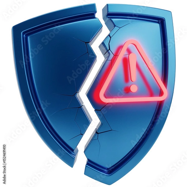 Fototapeta Broken security shield showing warning sign on transparent background