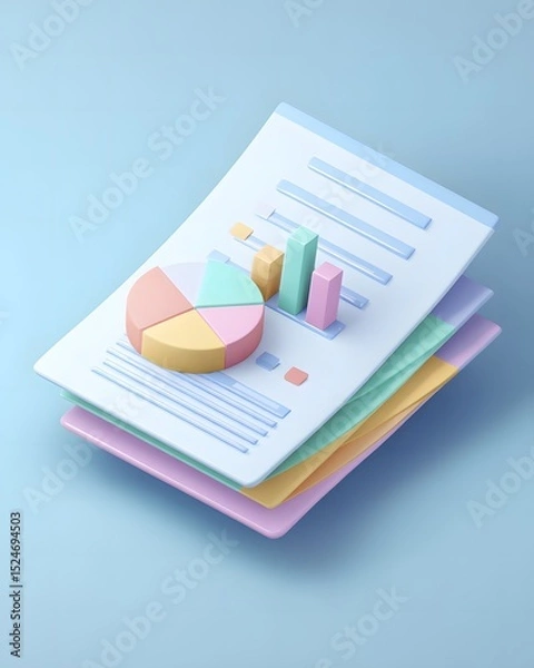 Fototapeta Stack of colorful documents with pie chart and bar graphs