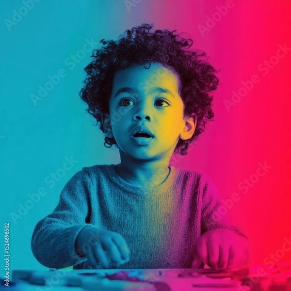 Fototapeta Neurodiversity Support Focused Child in Therapy with Vibrant Pop-Art Colors and Geometric Patterns for Inclusive Healthcare Marketing
