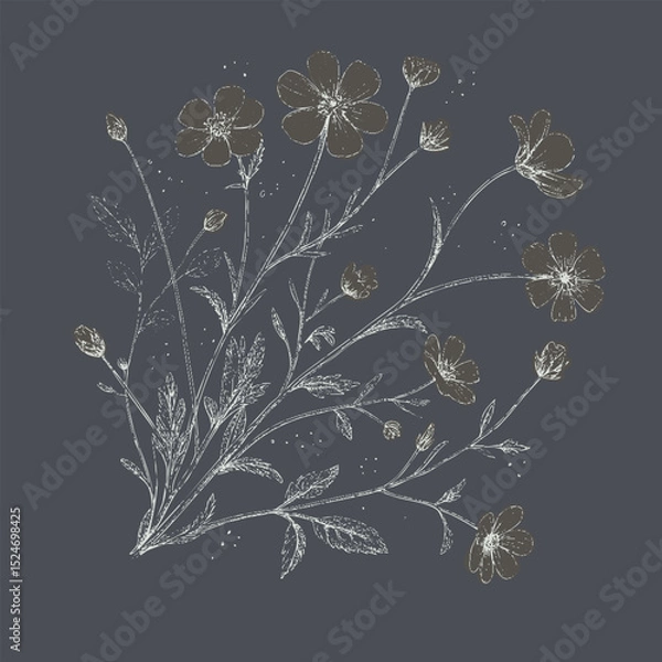 Fototapeta Delicate floral illustration featuring various flowers and leaves on dark background, evoking sense of tranquility and beauty