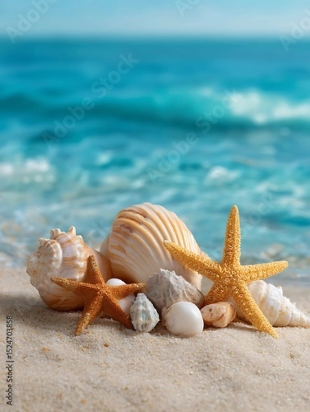Fototapeta Sea shells and starfish on the beach