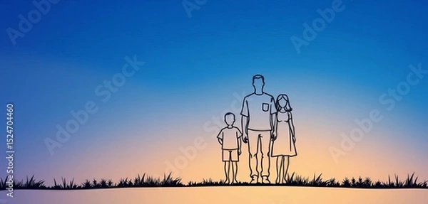 Obraz Single line drawing of a family silhouette, representing veterans and their legacy,  design,  patriotism