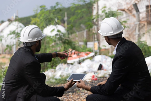 Fototapeta Two businessman or management team audit environment and rubbish around factory, Industrial and environment. NGO staff audit environment issue from industrial estate