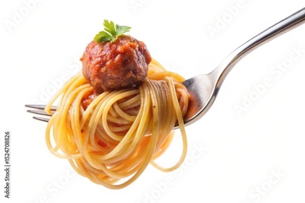 Fototapeta A forkful of spaghetti with meatballs on top