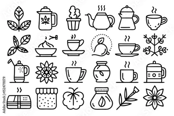 Fototapeta Collection of line icons depicting hot beverages tea coffee and teapot isolated on transparent background