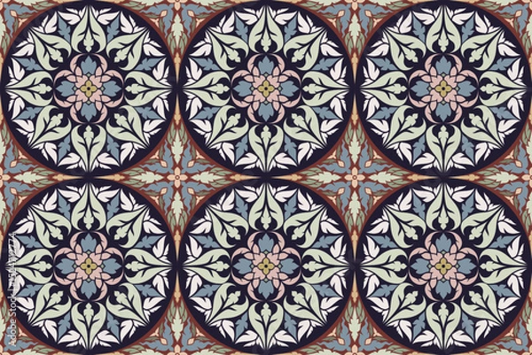 Fototapeta Traditional Thai art seamless floral circle pattern in  damask style motifs suitable for tile, textile, wallpaper, cloth, curtain and fabric design isolated illustration vector archive EPS file.