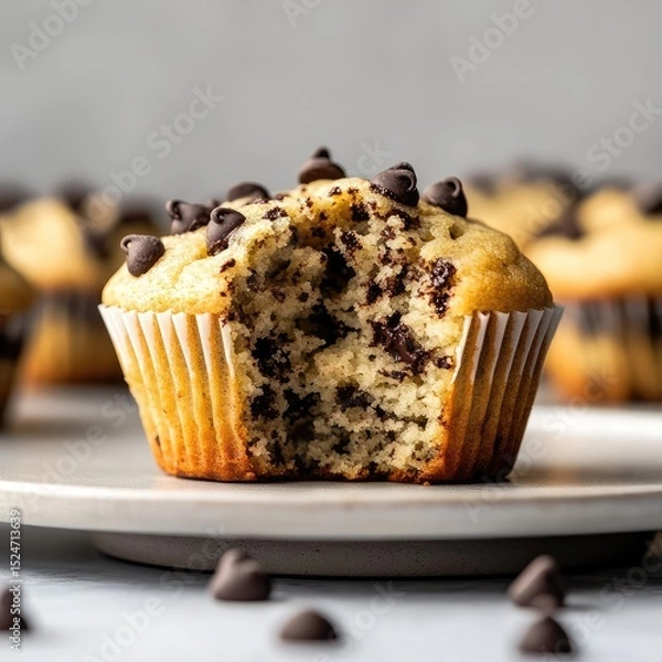 Fototapeta Close-up of a chocolate chip muffin with a bite taken out -