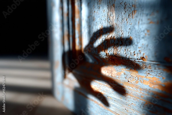Obraz  A wooden door opens slightly as a hand reaches in, casting soft shadows and inviting golden light into the scene. Mystery and serenity blend in this minimal frame.