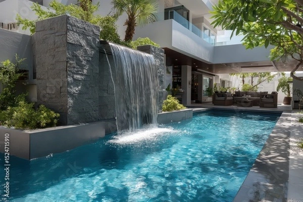 Obraz Granite Waterfall Feature with Flowing Water into Blue Pool, Modern Outdoor Design with Natural Texture and Tropical Ambiance.