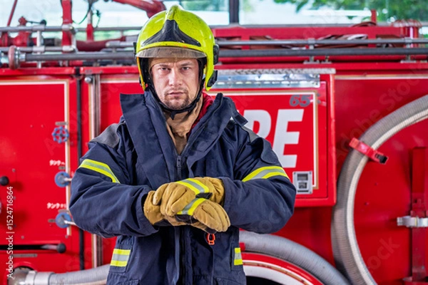 Obraz Firefighters in fire fighter safety suit stand in front of Fire truck in emergency situation.. - Safety Firefighter and industrial concept.