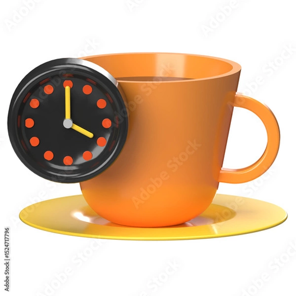 Obraz Clock Inside Coffee Cup, 3D Coffee Break Icon