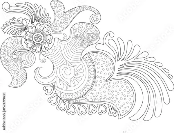 Obraz Detailed Henna Design Outline, Intricate black and white line art drawing of a traditional Indian henna or mehndi pattern. Features floral elements, paisley shapes, swirls, and ornamental details. 