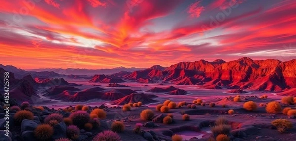 Obraz Crimson skies over amethyst mountains, alien flora thrives in geothermal vents,   universe,  desolate