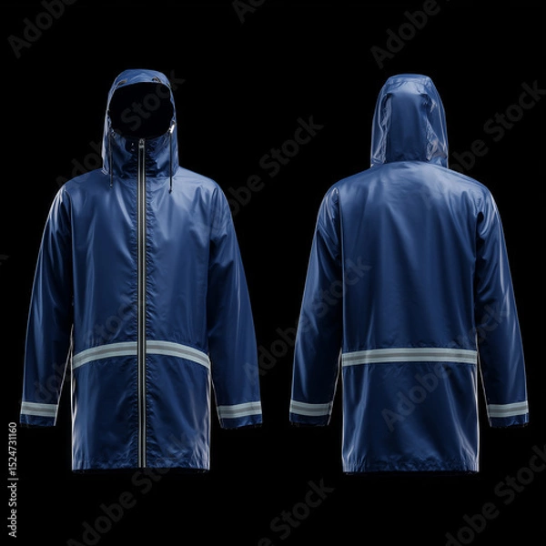 Fototapeta mock up raincoat top , deep blue raincoat, large zipper detail and reflective stripes, front view and back view, smooth material texture, solid black background, ai generated images.