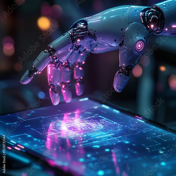 Fototapeta Symbo Touching Hologram Advanced Hand Robot Floating