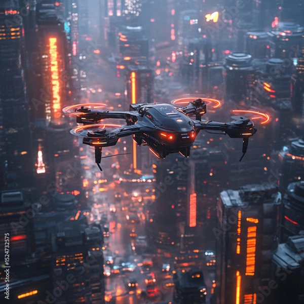 Fototapeta Ai-P Abstract City Modern Flying Futuristic Drone Above