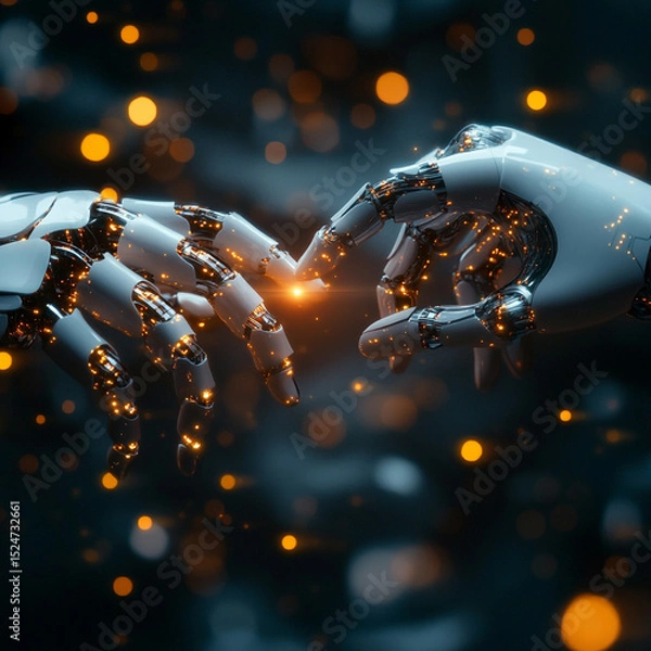 Fototapeta Reaching Hand Hand And Human Toward Robotic Close-Up