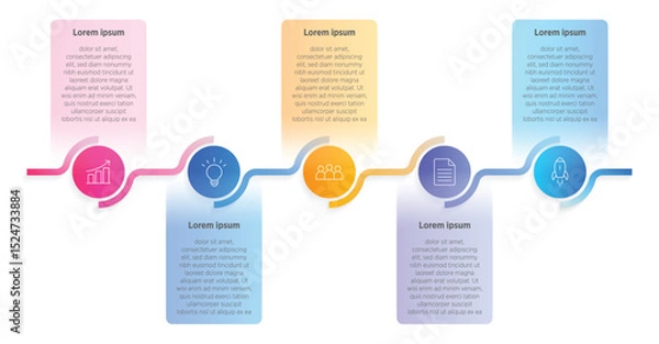 Obraz Modern Horizontal progress bar featuring 5 shaped elements, symbolizing the five stages of business strategy and progression. Clean timeline infographic design template. Vector for presentation