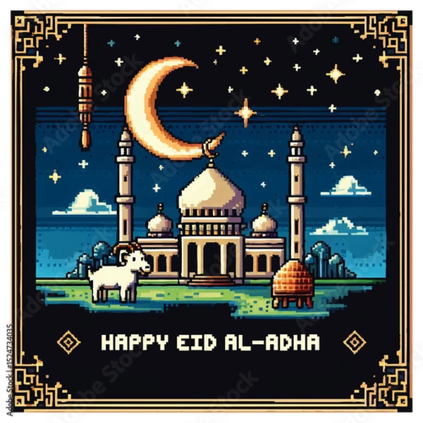 Obraz Greeting Poster Graph with Pixel Art Style on Eid Celebration: Pixel Goat on the Hill with Moonlit Mosque City Background