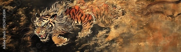 Fototapeta Tiger in motion, fierce expression, white isolated background.