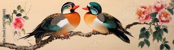 Fototapeta Two beautifully colored ducks perched on a branch with floral background.