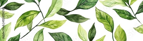 Fototapeta Various green leaves, detailed textures, white isolated background.