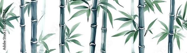 Fototapeta Vertical bamboo stalks with green leaves on a white isolated background.