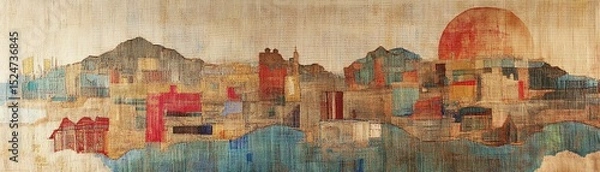 Fototapeta Vibrant city skyline with abstract colors, illuminated by a warm sunset.