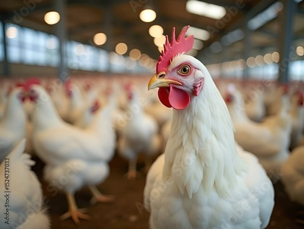 Obraz Close-up of a white hen in a modern poultry farm with many chickens in the background.