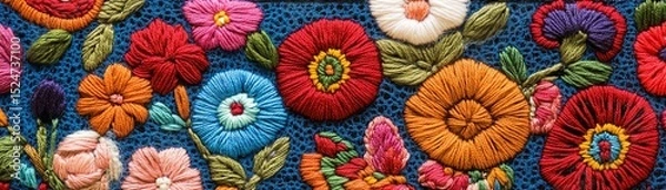 Fototapeta Vibrant floral embroidery on a dark background, showcasing intricate designs.