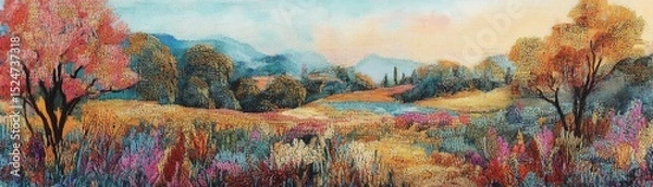 Fototapeta Vibrant landscape with colorful trees and serene water under a soft sky.