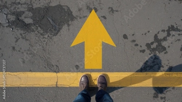 Fototapeta A pair of shoes on wet pavement face a yellow arrow pointing forward, symbolizing a moment of choice, progress, or personal journey. Top-down view with gritty urban texture and boundary line.