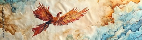 Fototapeta Vibrant phoenix soaring against a colorful cloud backdrop.