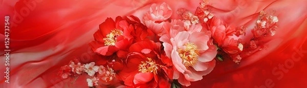 Fototapeta Vibrant red and pink flowers against a soft, flowing background.