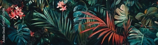 Fototapeta Vibrant tropical foliage with colorful flowers, lush greenery, and exotic leaves.