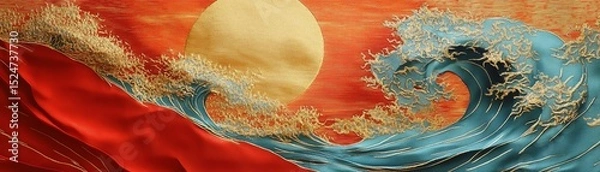 Fototapeta Vibrant wave art with bold colors and a sun backdrop, showcasing traditional Japanese styles.