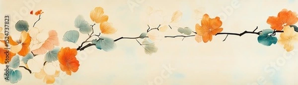 Fototapeta Watercolor painting of colorful flowers and branches on a soft background.