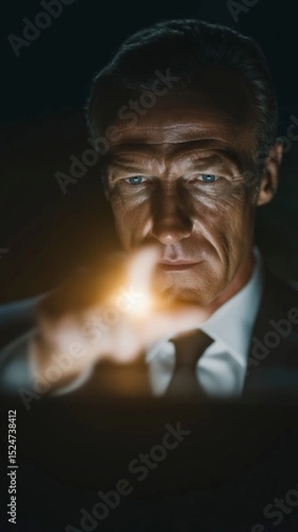 Fototapeta Serious Businessman Analyzing Data  Cinematic Lighting  Close up Portrait