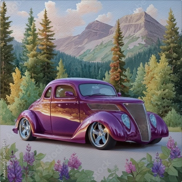 Fototapeta Vintage Purple Classic Car in Mountain Forest Landscape