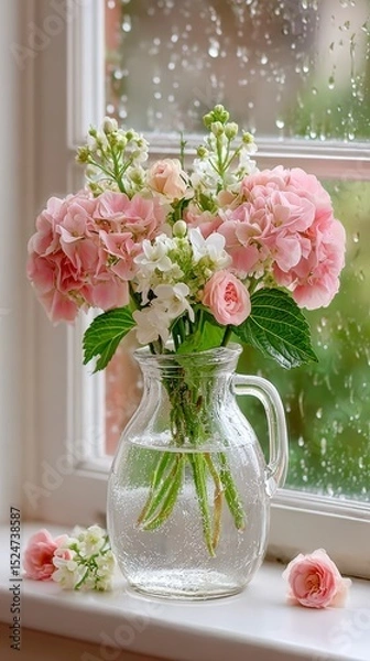 Fototapeta Rainy Day Hydrangeas  Pink Flowers in Glass Vase on Windowsill