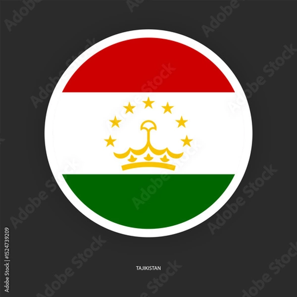 Fototapeta Tajikistan circle flag icon with shadow on dark background. Tajikistan button icon with white border isolated dark grey background	
