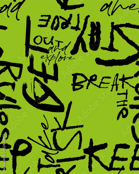 Fototapeta Abstract seamless chaotic pattern with urban graffiti words, scuffed and sprays. Grunge texture background. Wallpaper . Fashion sport style